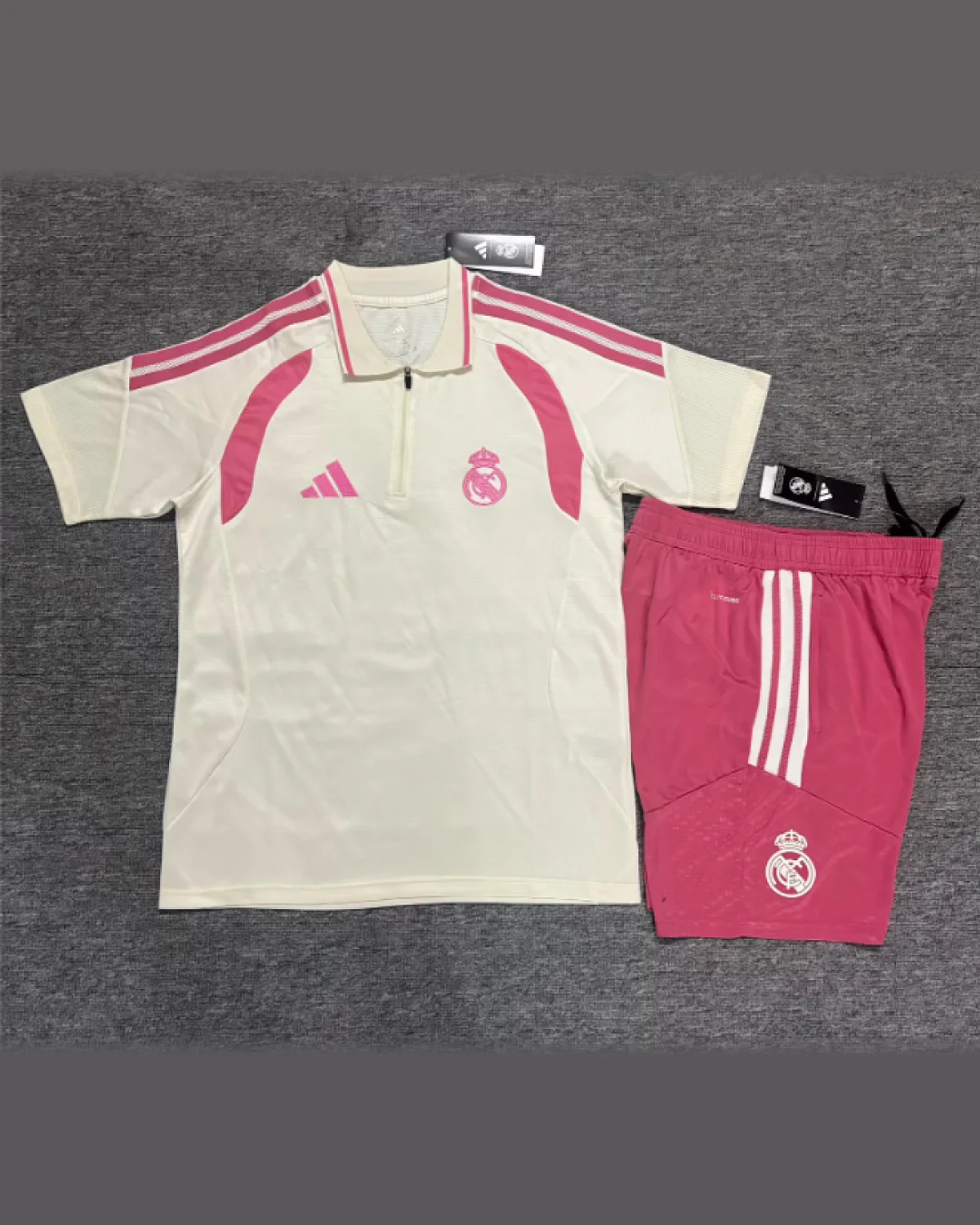 Real Madrid 2026/27 Real Madrid Off-white Polo Shirt Set With Pink Trousers football jersey